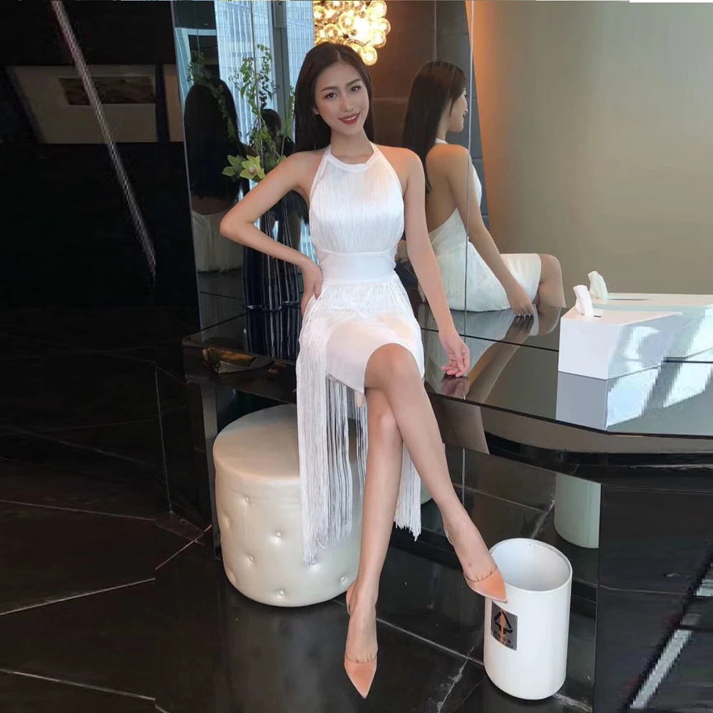 Женское летнее Новое Сексуальное Белое элегантное Бандажное платье с кисточками без рукавов с открытой спиной длиной до щиколотки Vestido Клубная одежда Вечерние платья знаменитостей