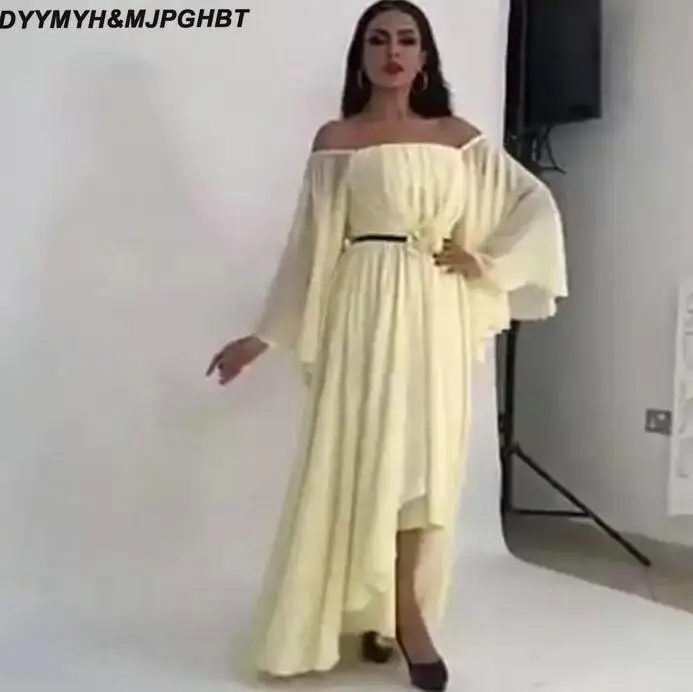 Bateau Hi Lo вечерние платья с открытыми плечами длинными расклешенными рукавами