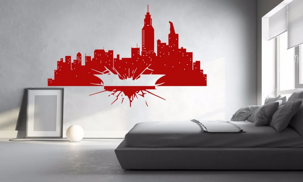 Бэтмен виниловая наклейка на стену Gotham Skyline стена плакат для детской украшение подарок Темный рыцарь Наклейка на стену виниловое искусство AZ218