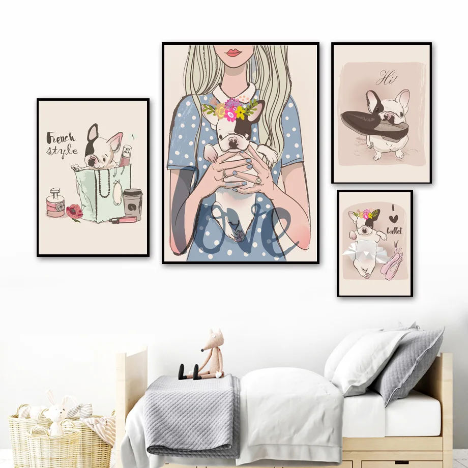 Французский бульдог любовь девушка Косметика мультфильм цветок собака