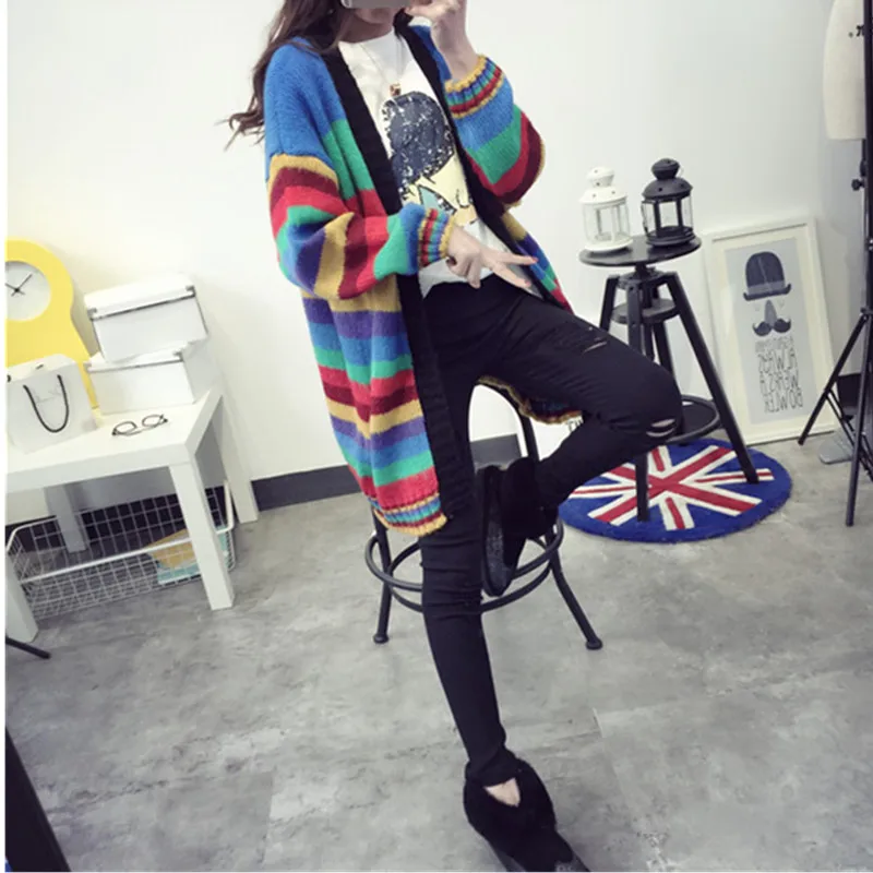YAGENZ Women Sweaters Coat Black Top Spring Autumn Jacket Cardigan Long Coats Knit Sweater Rainbow Color Loose 264 |