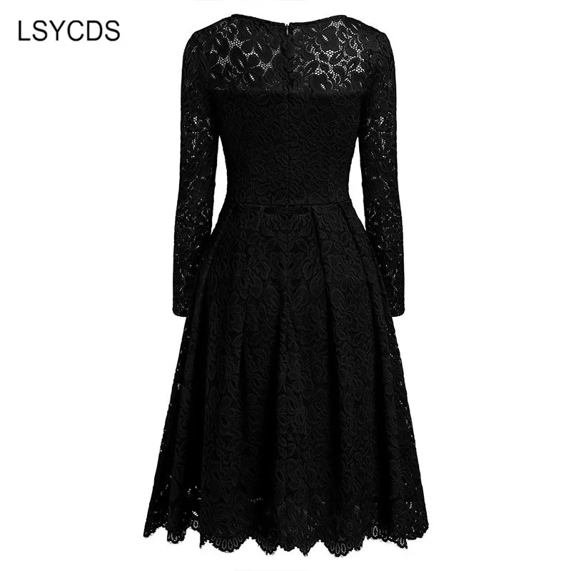 LSYCDS, кружевные платья для женщин, осень, длинный рукав, а-силуэт, вечерние платья, сексуальные, повседневные, черные, синие, красные, кружевные, винтажные, элегантные