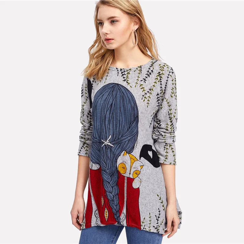 Dotfashion удлиненная футболка с мультяшным принтом на спине, Новое поступление, весенний женский топ с круглым вырезом и длинным рукавом, удлиненная футболка