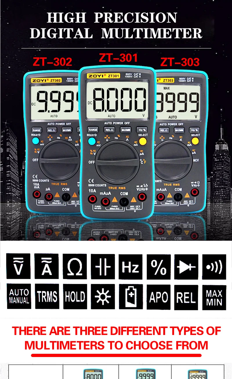 ZT301 ZT302 ZT303 Цифровой мультиметр 8000 отсчетов True-RMS задний светильник AC DC Напряжение Амперметр Ток Ом Авто/ручной