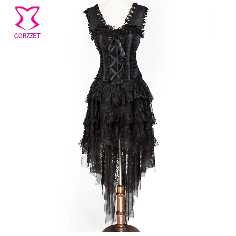 Corzzet Black Lace Bandage Steampunk Corset Skirt and Hem Burlesque Dance Corselet Costumes Women Party  Gothic Corset Dress