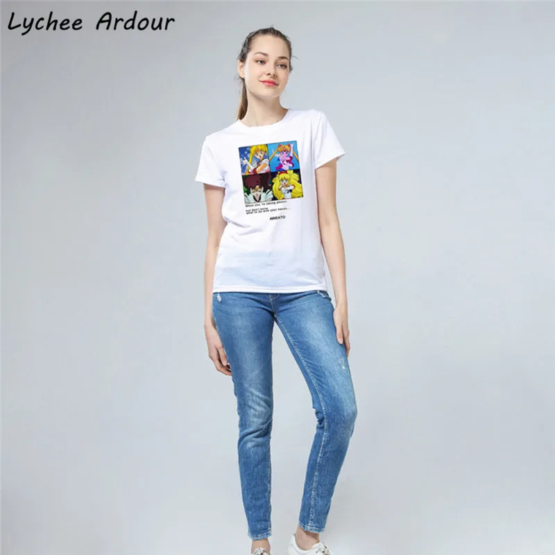 Sailor Moon Printed T-shirt Colorful Animation Letter Female T-shirts Summer Slim Casual Women T Shirts | Женская одежда