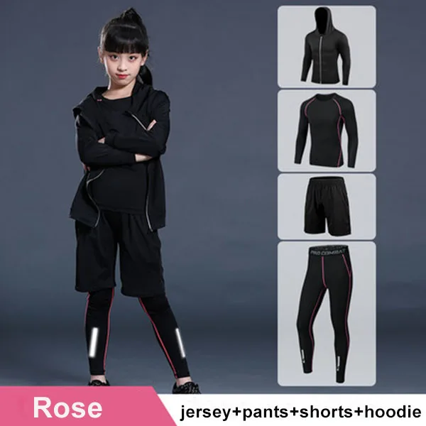 Rose Set 4P Детский спортивный комплект, компрессионная футболка+ штаны, детский Рашгард для мальчиков и девочек, для бега, баскетбола, танцев, подростков, ММА, плотная спортивная одежда - Цвет: Rose Set 4P