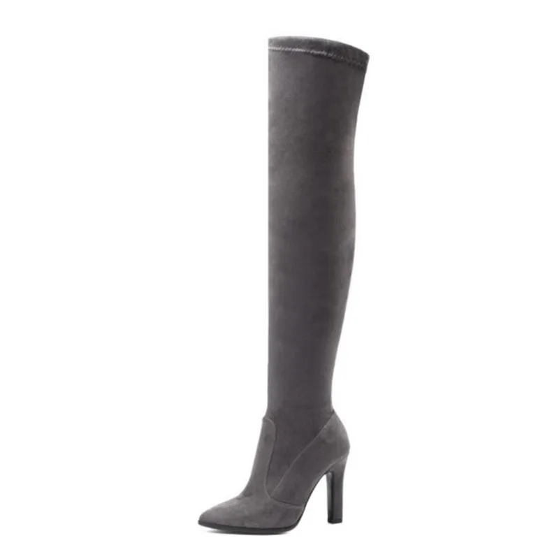 RIZABINA Autumn Winter Women Boots Long Stretch Slim Thigh High Boots Fashion Over The Knee Boots High Heels Shoes Size 34-43 - Цвет: Темно-серый