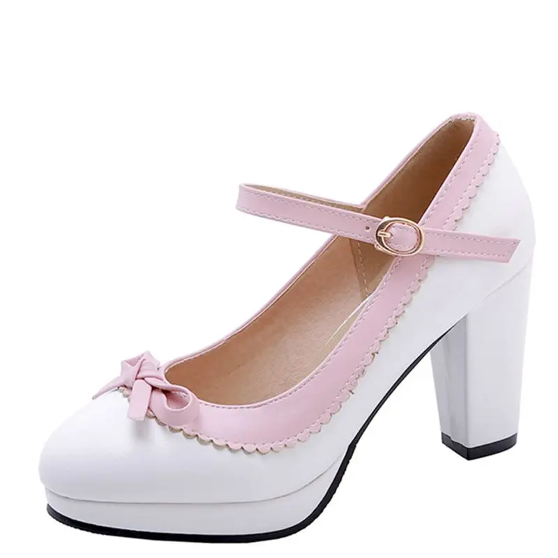 White ASILETO/Большие размеры 33-46, милые женские туфли-лодочки, туфли-лодочки Мэри Джейн с круглым носком и ремешком, Свадебная обувь с бантом, sapatos femininos - Цвет: White