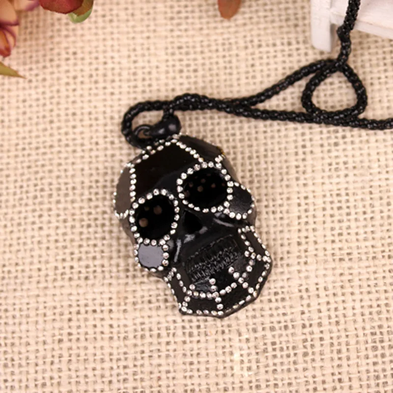 Steampunk jewelry rhinestones black skull necklaces & pendants hippie exaggerated Mexico skeleton necklace long colliers collane