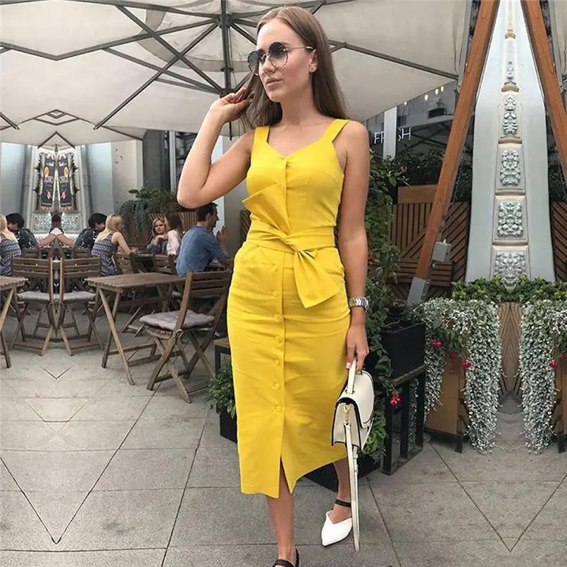 Женское платье без рукавов с V образным вырезом на пуговицах|Женские платья| |