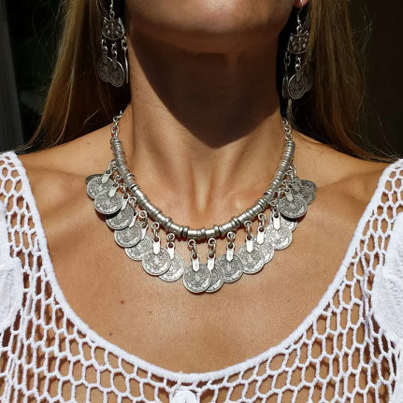 Женское колье чокер с кисточкой и монеткой в этническом стиле|jewelry charm necklace|jewelry