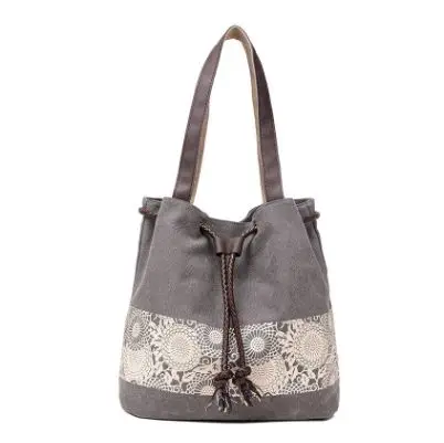 Gray print handbag Женская модная сумка для покупок, Национальная Холщовая Сумка через плечо, сумки с цветочным принтом, Большая вместительная Повседневная сумка на шнурке - Цвет: Gray print handbag