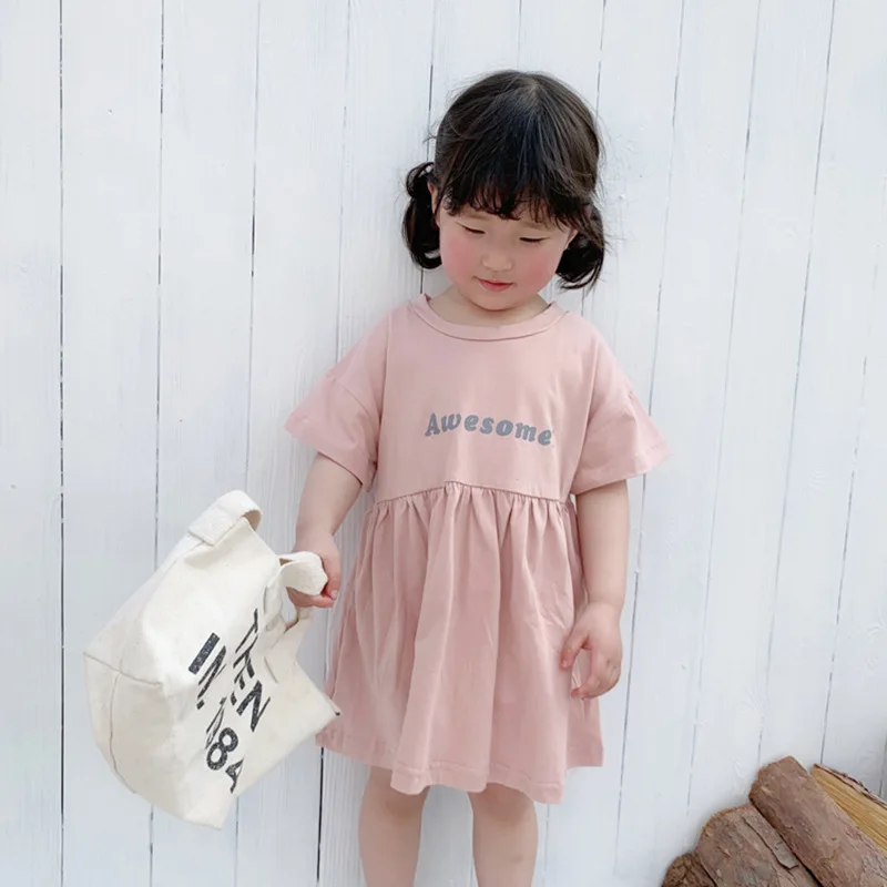 Summer cute girls pure cotton letters printed short sleeve casual dresses kids knitted pleated dress 1-6Y | Детская одежда и обувь