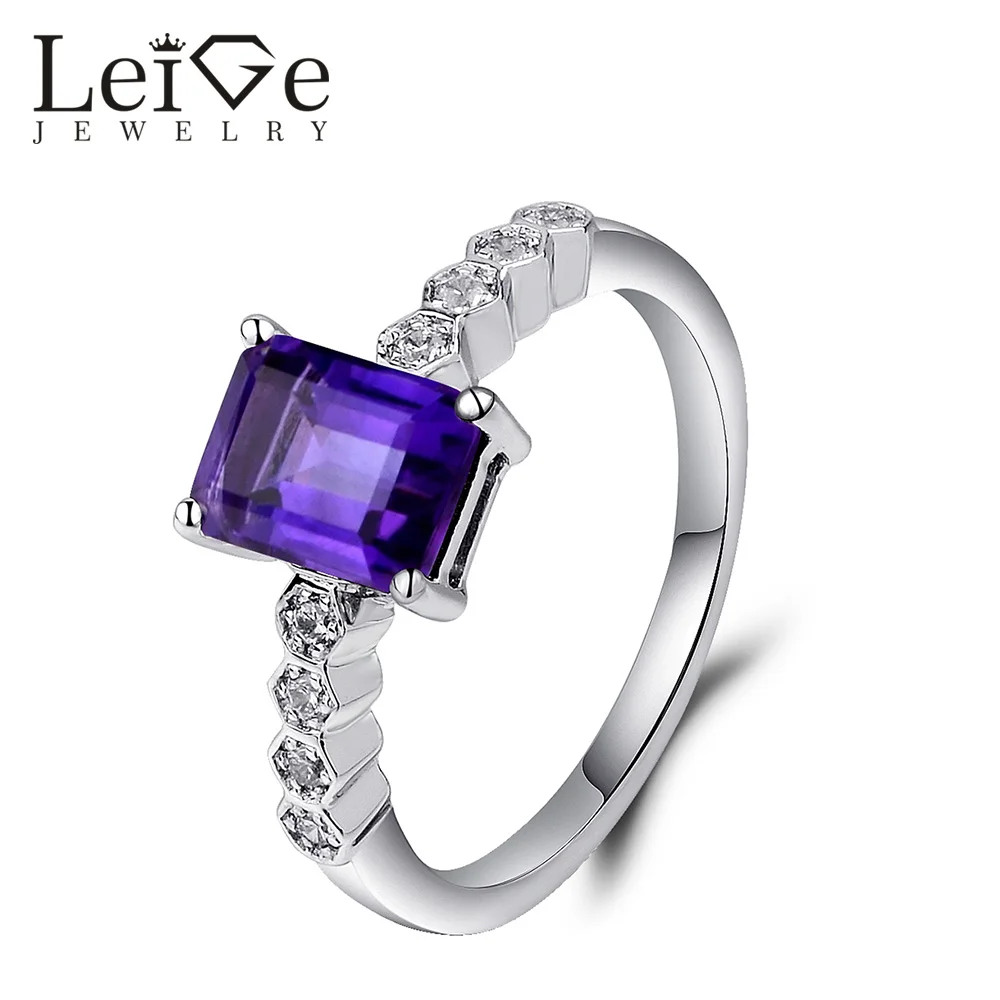 

Leige Jewelry Purple Natural Amethyst Ring Emerald Cut 925 Silver Gemstone Rings for Women Wedding Anniversary Gift Fine Jewelry