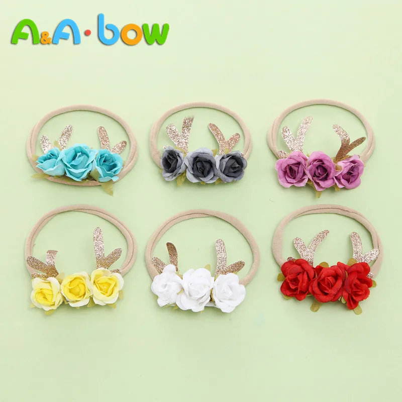 6pcs/lot Deer Antler Flower Headbands Nylon Headband Christmas Hair Band For baby Girls Cute Soft Elestic Accessories | Мать и ребенок