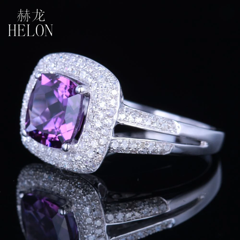HELON 8x8 мм Подушка натуральный аметист 0.6ct натуральные Алмазы обручальные ювелирные изделия Твердые 14 к белые золотые вечерние ювелирные изделия кольцо