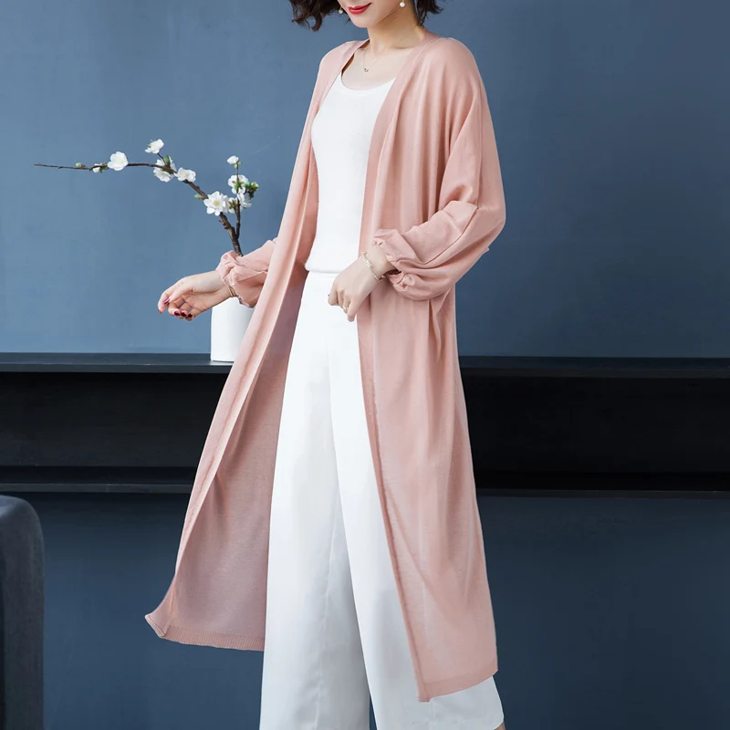

Women Summer Long Knitwear Elegant Solid Loose Thin Cardigan Long Sleeve See Through Knit Outwear Free Shipping