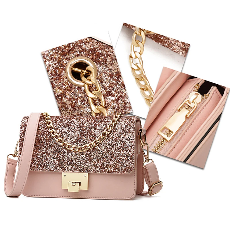 WHX цепь сумка Для женщин розовый Сумки Креста тела для Сумка Crossbody Сумочка блестят
