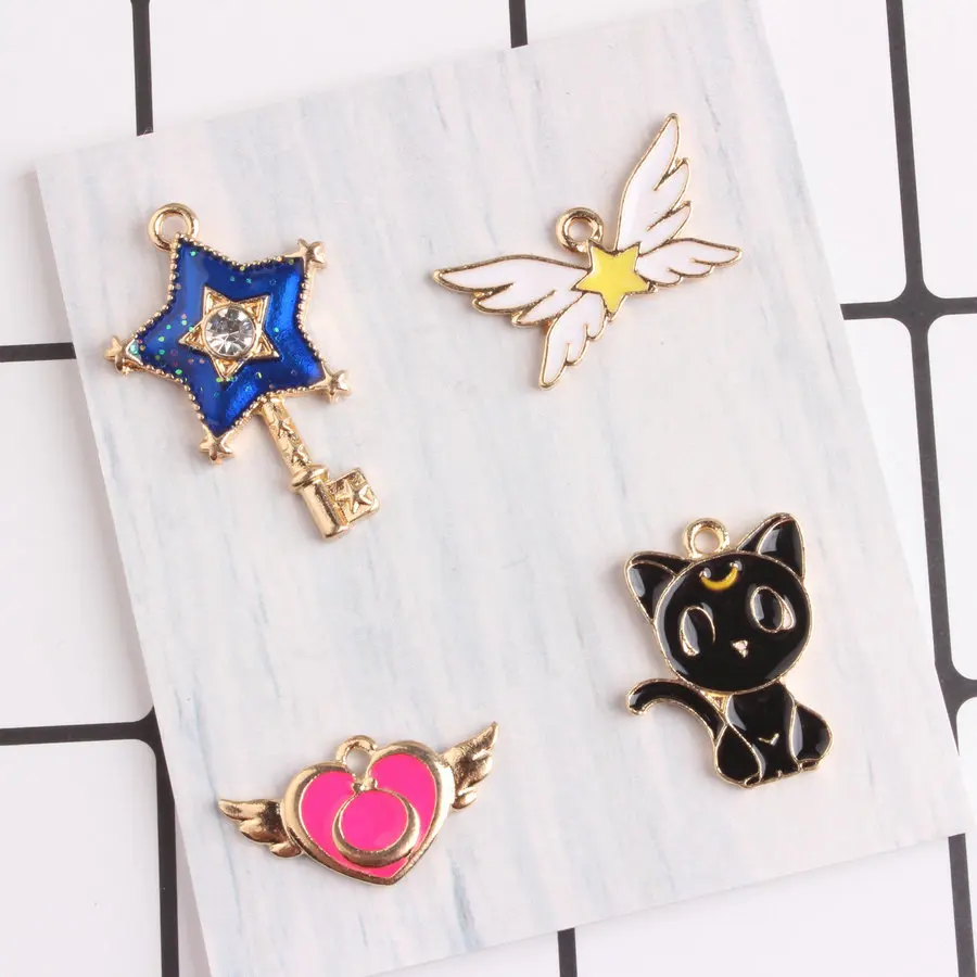 10PCS Alloy Black Cat Wings Heart Magic Wand Pendant Enamel Charms For Handmade Necklace Keychain Fashion Personality | Украшения и