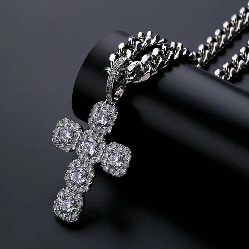 Изготовленный на заказ Iced Out большой твердый крест-подвеска с фианитами ожерелье с 12 мм кубинской цепочкой мужские хип хоп золотые цвет серебра талисман ювелирные изделия