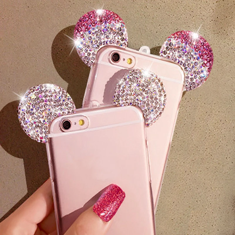 Новые моды 3D Микки Маус Для iPhone 7 6 S 4.7 дюймов Горный Хрусталь уши Мягкий