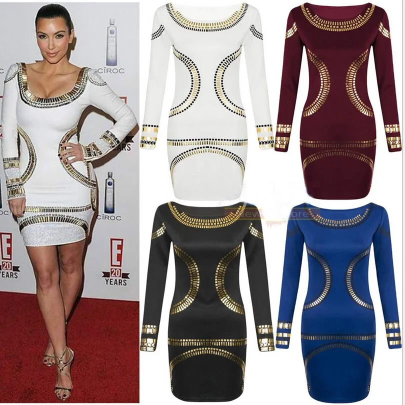 8159#2014 aliexpress star OL selling gold / white slim dress printing pencil | Женская одежда