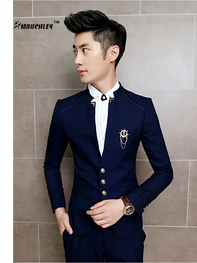 MAUCHLEY 2 шт./компл. Slim Fit Пром Homme Для мужчин костюм Нарядные Костюмы для свадьбы классический китайский воротник вечерние платье костюмы куртка для мальчиков с брюками