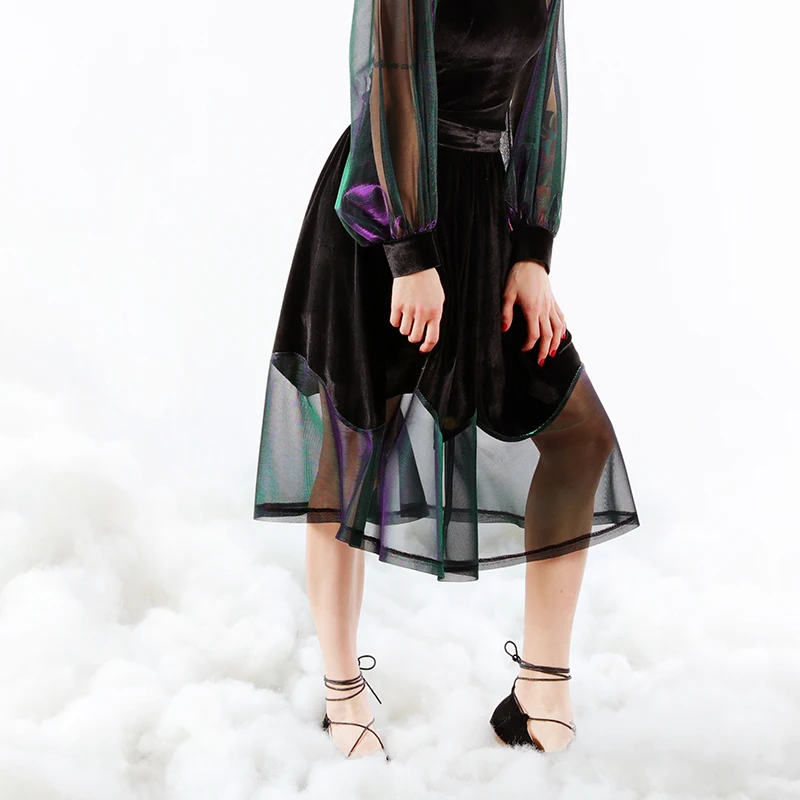 Женская прозрачная флисовая юбка трапеция до колена облегающая феи черная