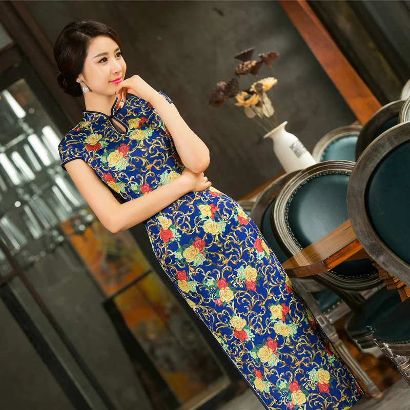 Брендовые новые синие китайские Женские Длинные атласные Cheongsam летние горячие продажи Qipao Цветочные Повседневные платья Размер S M L XL XXL 020809