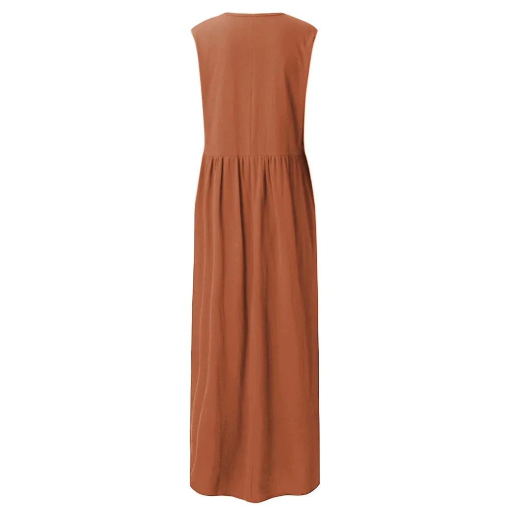 Без рукавов Ретро женское хлопковое и льняное удобное Свободное длинное платье