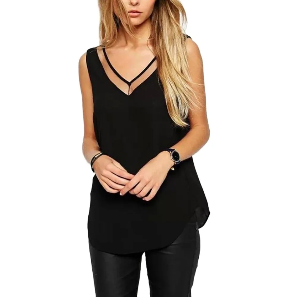 Женская сетчатая шифоновая блузка без рукавов с V образным вырезом базовая