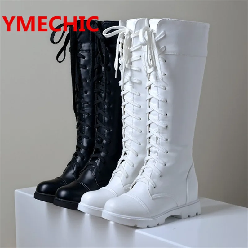 YMECHIC/высокие сапоги до бедра на шнуровке; обувь в гладиаторском стиле; женские ботинки с перекрестной шнуровкой; повседневная обувь на плоской подошве; цвет белый, черный; ботинки в байкерском стиле; большие размеры; 9937
