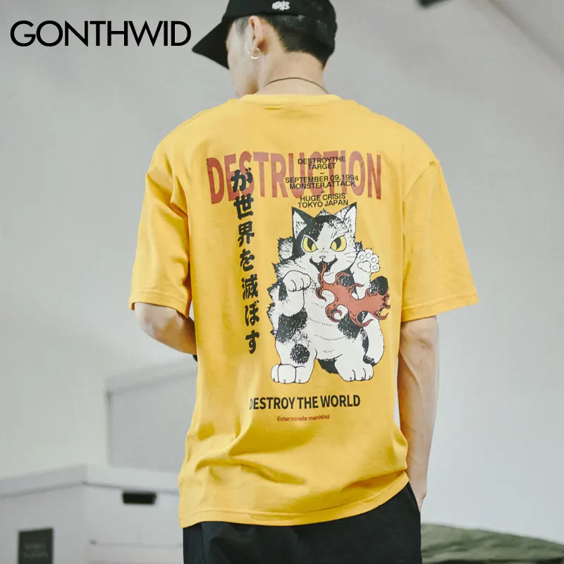 GONTHWID японский Harajuku Стиль Сердитый кот печатных уличные футболки 2019 летние