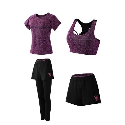 Purple 4pcs 5 шт., женские наборы для тренировок, набор для йоги, одежда для бега, женская одежда из полиэстера, женская одежда для фитнеса, женская спортивная одежда с бюстгальтером - Цвет: Purple 4pcs