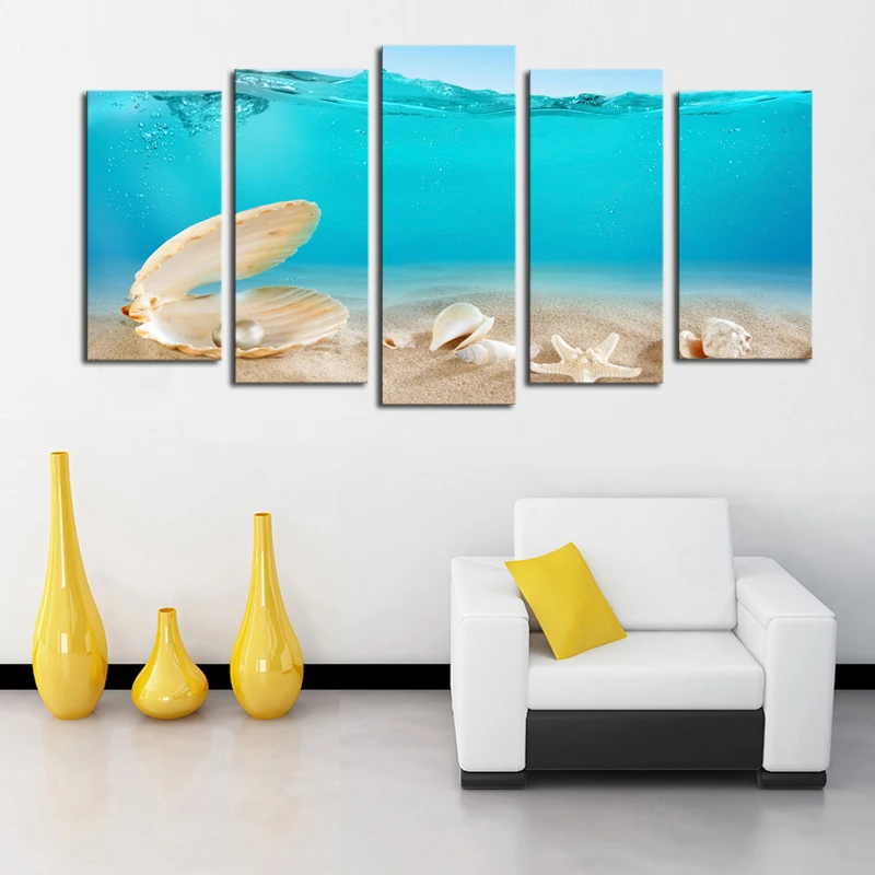 

2017 Real New Luxry Unframed 5 Panels Pearl Shells Seascape Picture Canvas Print Painting Wall Art Wholesale For Home Decor