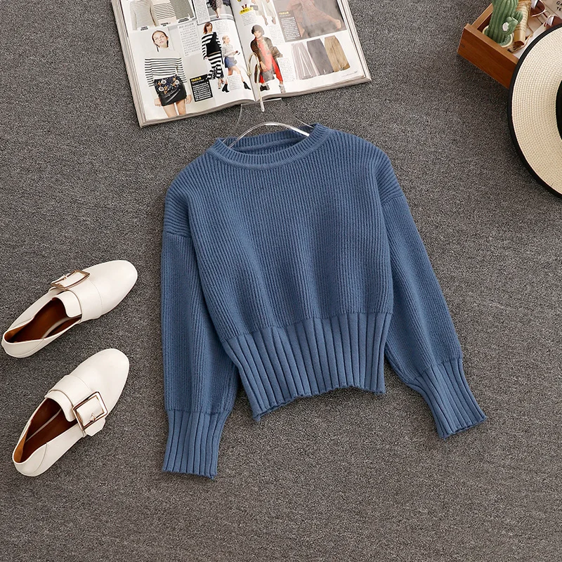 Новая мода осень зима 2 шт Наборы женский короткий свитер + шерстяные брюки костюмы элегантный пуловер Топы и