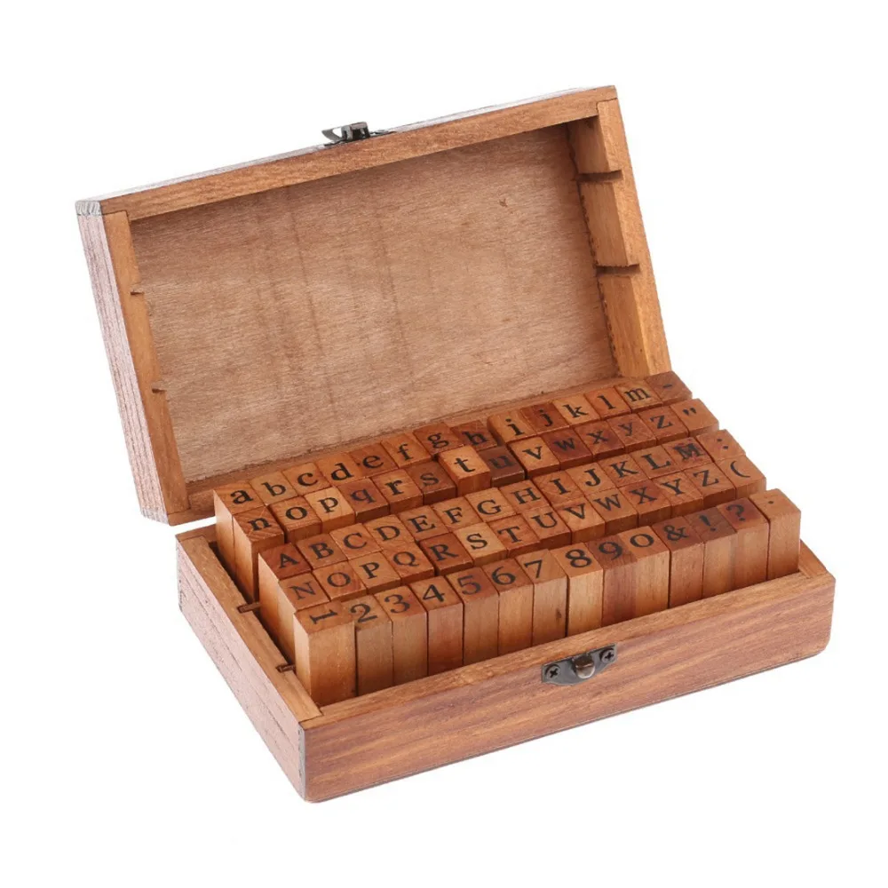 

70pcs Vintage DIY Number And Alphabet Letter Wood Rubber Stamps Set With Wooden Box For Teaching And Play Games party favor gift