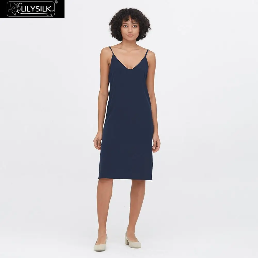 Navy Blue LilySilk платье шелковое на бретельках Гламурное глубокое u-образным вырезом Новое Женское - Цвет: Navy Blue