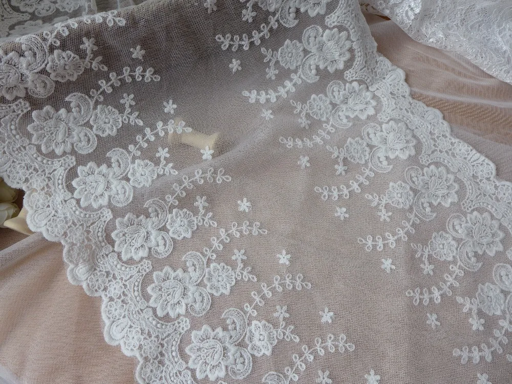 3 Yards 13.8&quot Wide Ivory White Embroidery Floral Lace Trim Gorgeous Cotton Tulle Fabric For Sewing Craft Costume Design | Дом и сад