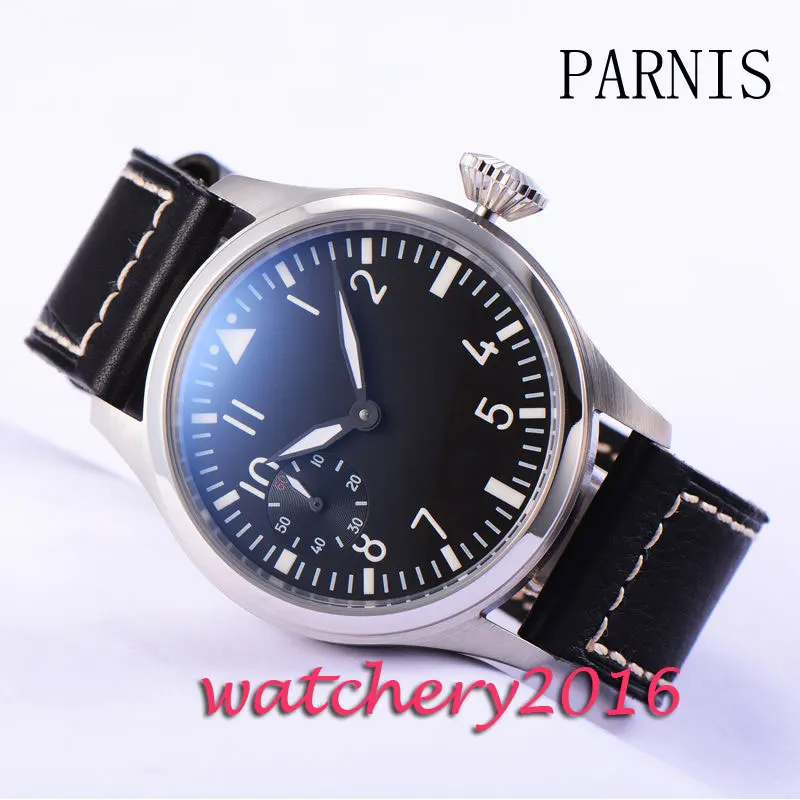 Модные 47 мм Parnis черные кожаные часы с циферблатом из нержавеющей стали 17