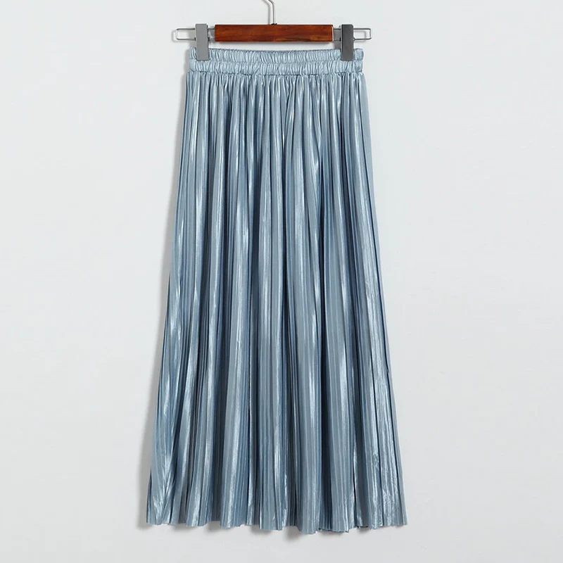 Light-Blue Qiuxuan, летняя блестящая плиссированная юбка цвета металлик, женская мода, эластичная высокая талия, длина по щиколотку, Длинные повседневные вечерние юбки макси - Цвет: Light-Blue