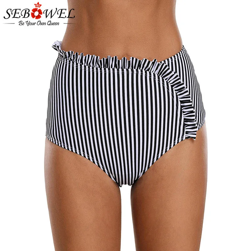 Striped SEBOWEL, сексуальное бикини в черно-белую полоску с высокой талией, асимметричная отделка рюшами, женские шорты для плавания, женские трусики 3XL - Цвет: Striped