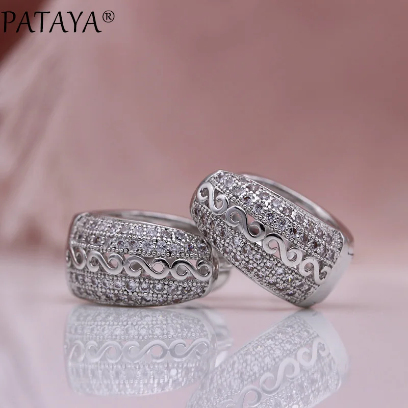 PATAYA New Natural Zircon Hollow Dangle Earrings Women Fine Noble Fashion Jewelry White Gold Wedding Party Round Unique Earrings