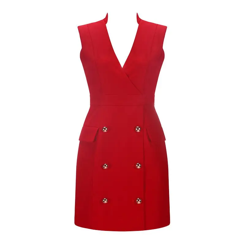 

INDRESSME Sexy Fashion Sleeveless V-Neck Dress Women Ladies Skinny Solid Button Mini Dress Newly Summer vestidos 2019