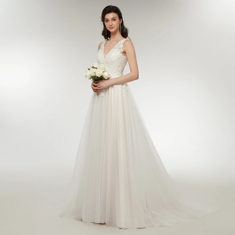 Vestido De Noiva 2021 V образным вырезом фатиновое платье с низким на спине кружевные
