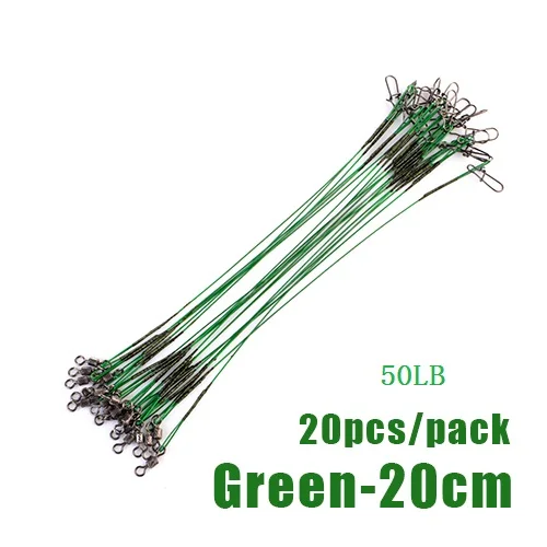green 20cm 20 штук 16/20/25 см Проволока из нержавеющей стали лидер рыболовный поводок с шарнирным соединением 50LB анти-укус линии Leadcore для приманки аксессуары щука - Цвет: green 20cm