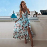 bohimian womens boho floral maxi dress summer beach sleeveless v neck high waist slit long dress evening party vacation sundress