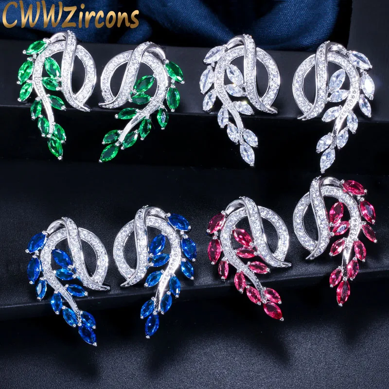 

CWWZircons Brand Women Fashion Jewellry Elegant Leaf Shape Cubic Zirconia Inlay Blue Green Crystal Stud Earrings CZ379