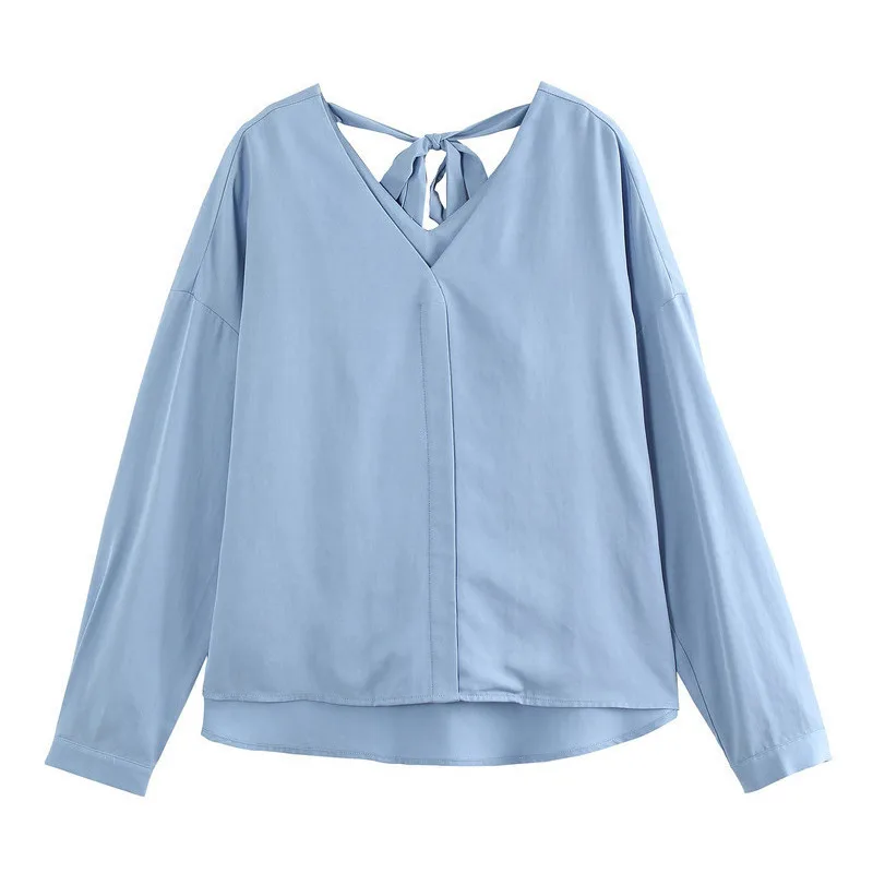 Light Blue INMAN осень зима v-образный вырез Тонкий ретро Гонконг Стиль литературный Повседневный свободный длинный рукав женская рубашка - Цвет: Light Blue